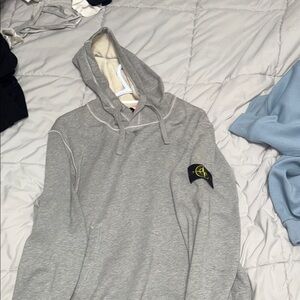 Stone Island Light Gray Hooded Sweatshirt with Sleeve Compass Patch